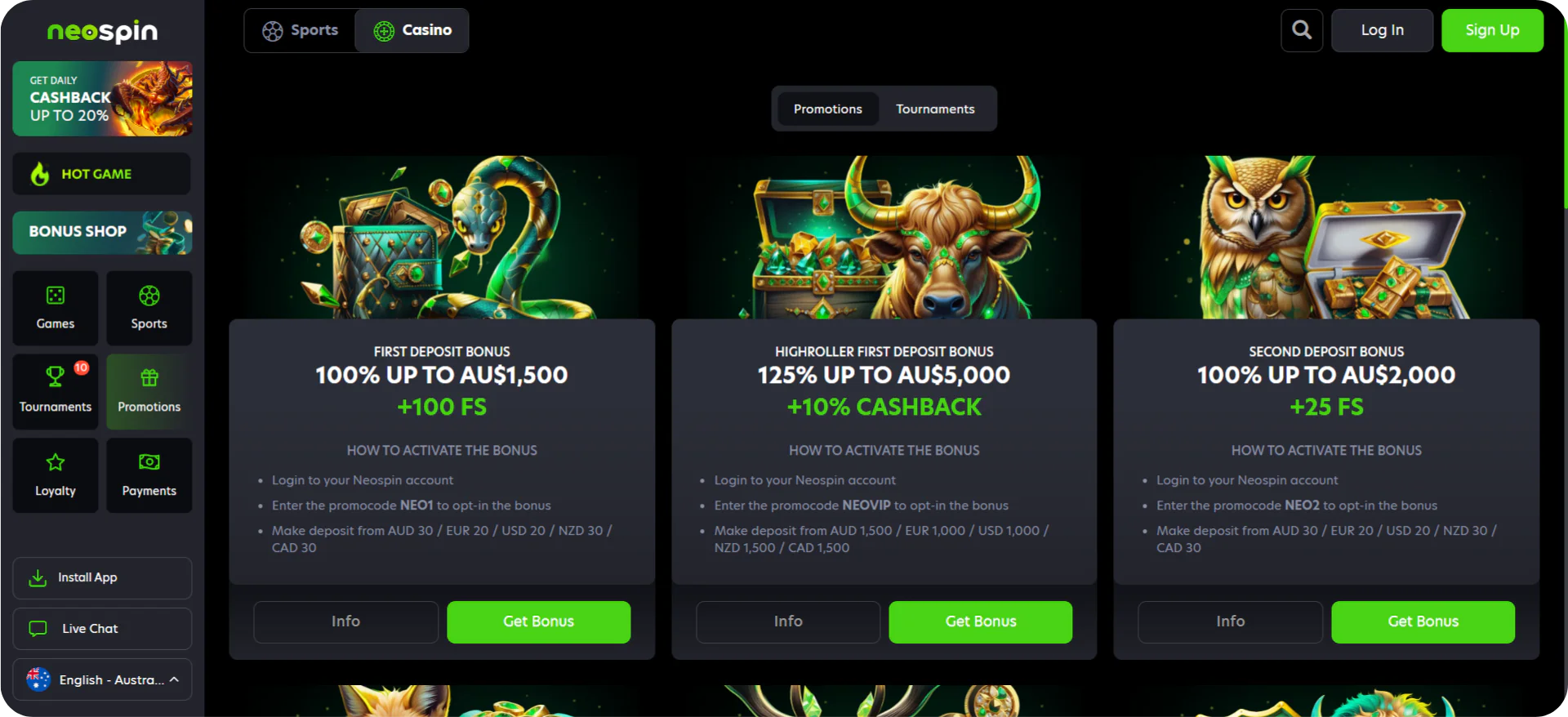 NeoSpin casino bonus promotions section interface