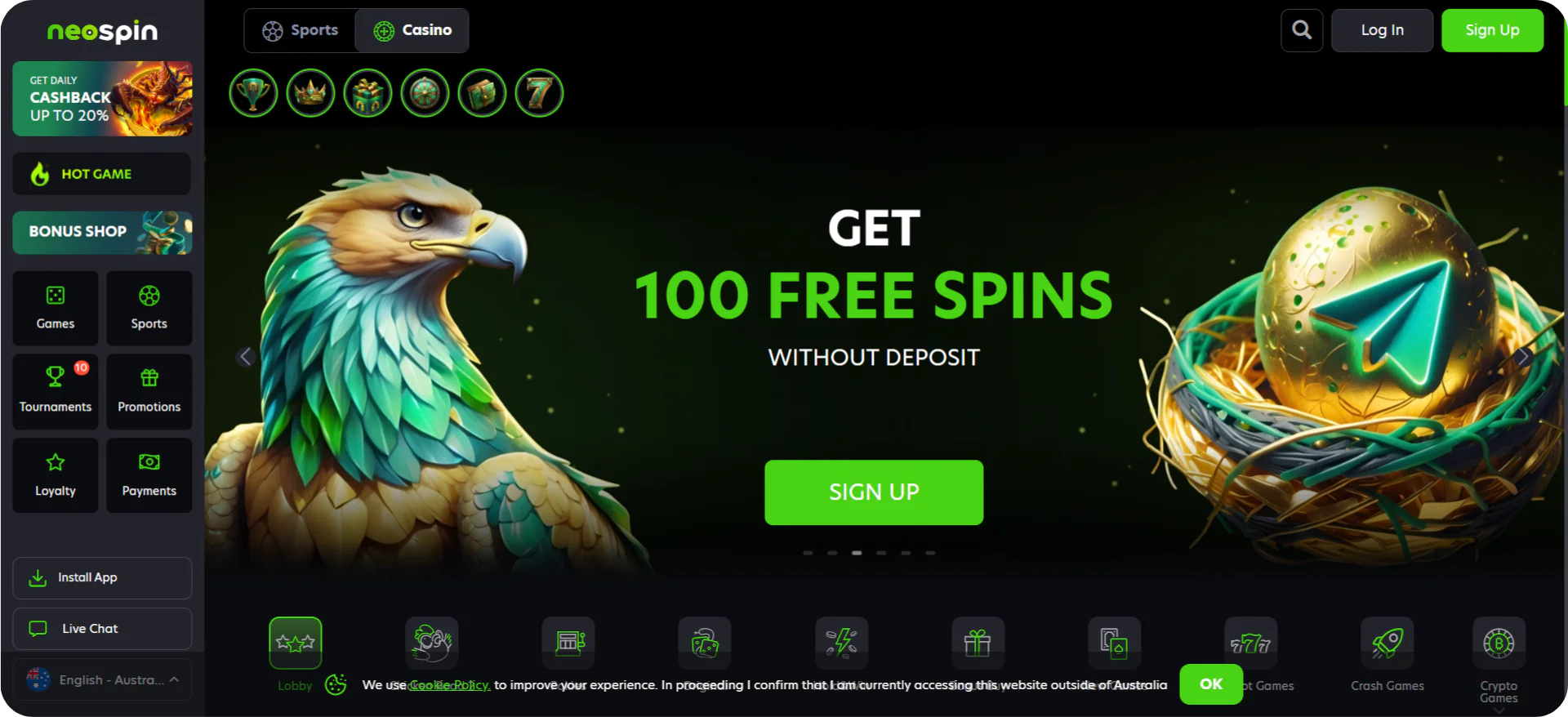 NeoSpin casino main homepage interface design