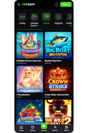 NeoSpin Australia online casino lobby with slot games