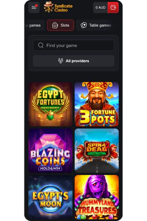 Syndicate Australia casino lobby with slots and live games