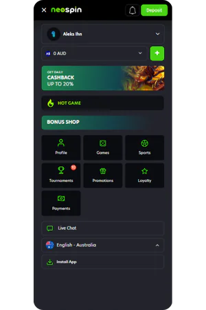 NeoSpin Australia navigation menu and user dashboard access