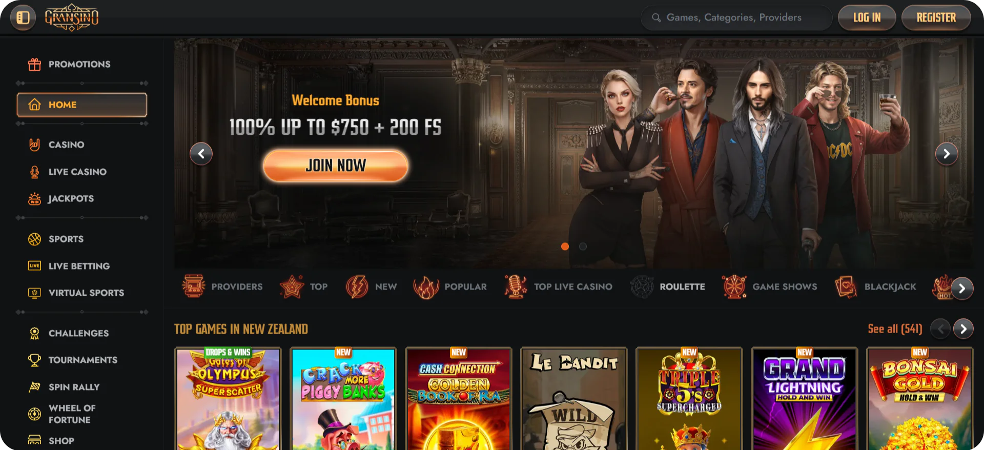 Gransino casino main page overview