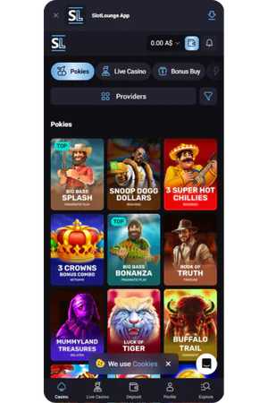 SlotLounge Australia casino lobby interface with featured slot games