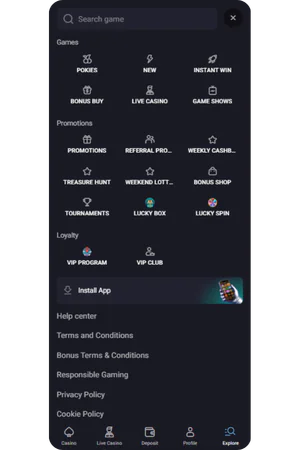 SlotLounge Australia navigation menu and main site categories